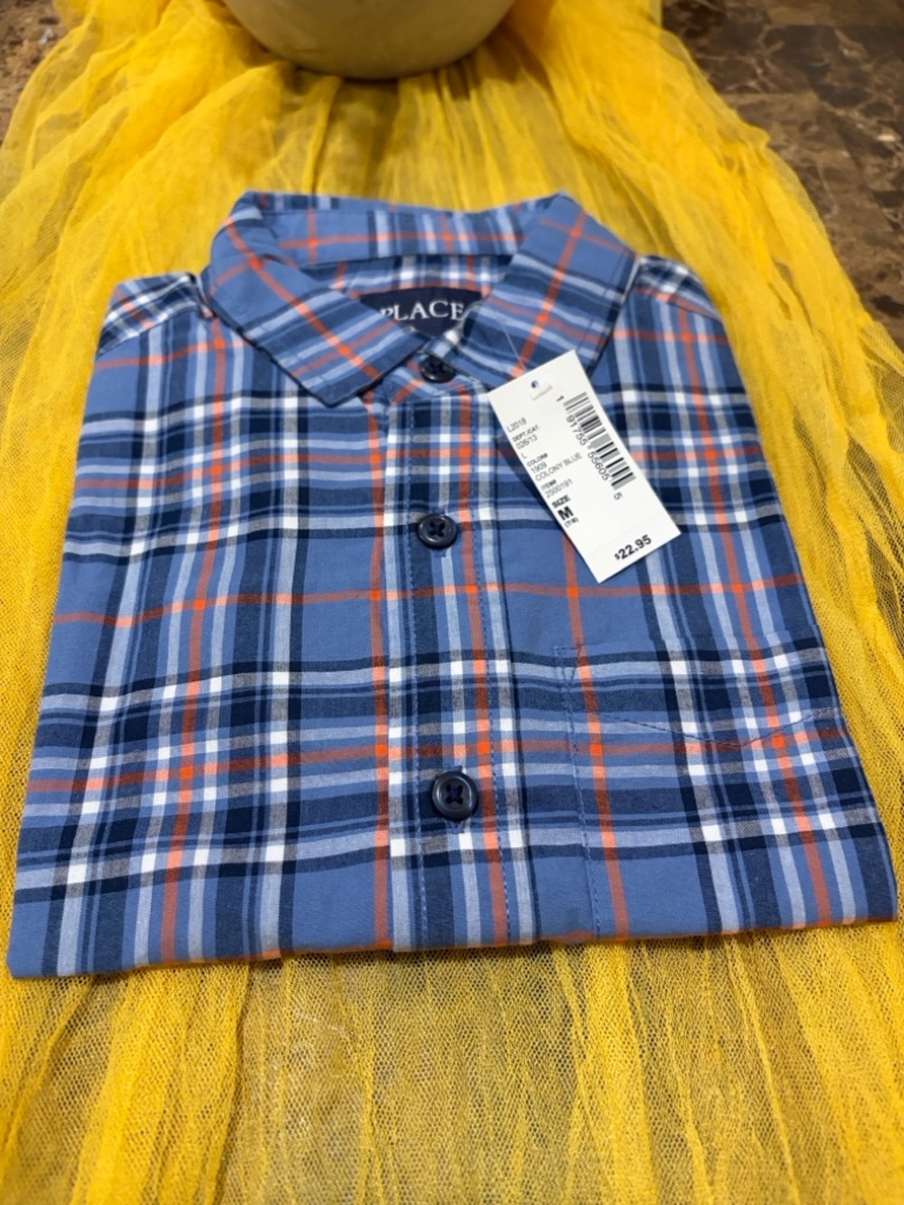 The Children's Place Boys Blue Plaid Button-Down Shirt with Orange Stripes